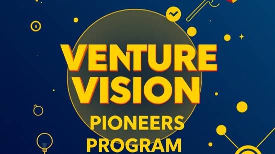 Venture Vision Pioneers Program banner in golden yellow and navy blue, tech start-up theme.