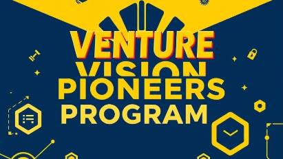 Bold 3D social media banner for VENTURE VISION's PIONEERS PROGRAM in golden yellow and navy blue.