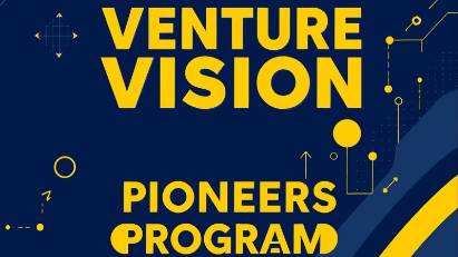 19X6 social media banner for VENTURE VISION PIONEERS PROGRAM in bold 3D text.